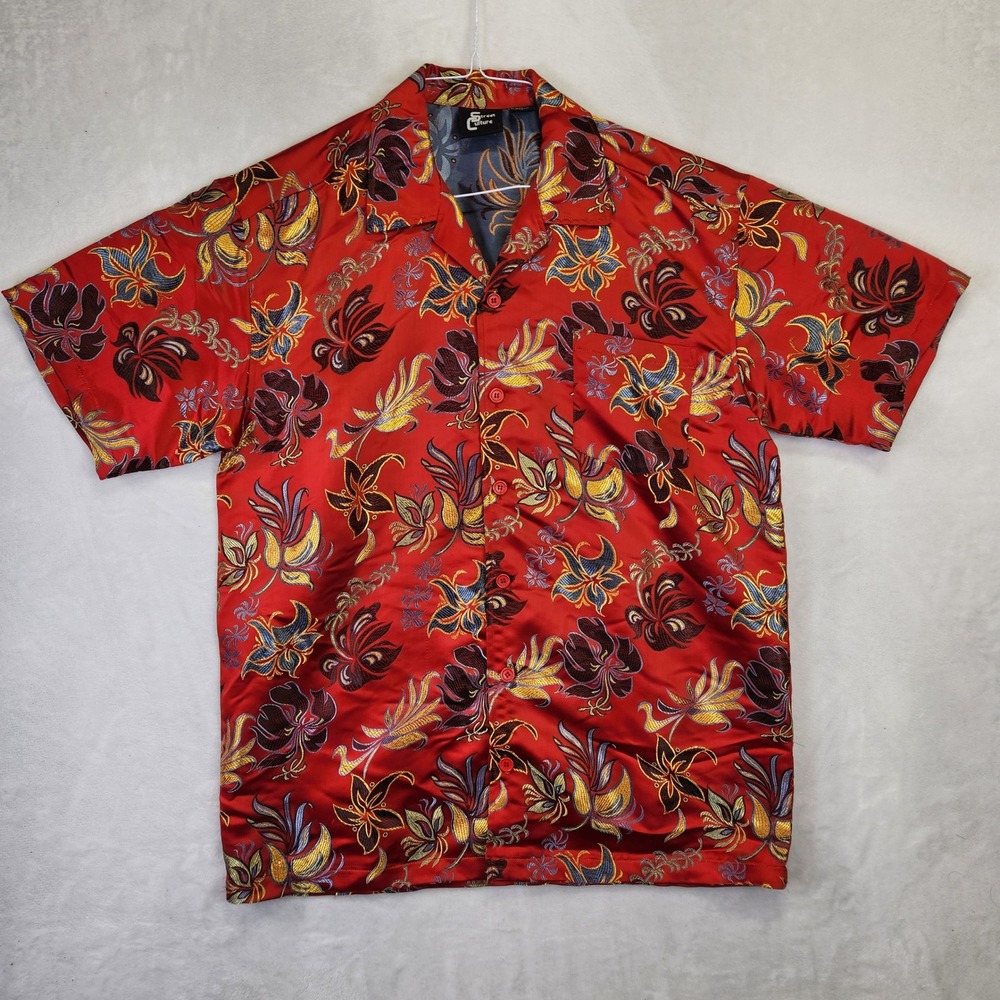 Street Culture‎ Mens Red Embroidered Floral Satin Button Up Shirt Large Rayon L